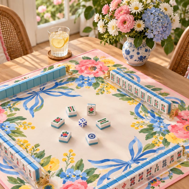 Blue Ribbon Bow Mahjong Mat, Peach Peony Floral Grandmillennial Playmat, American Mahjong Game Night Gift