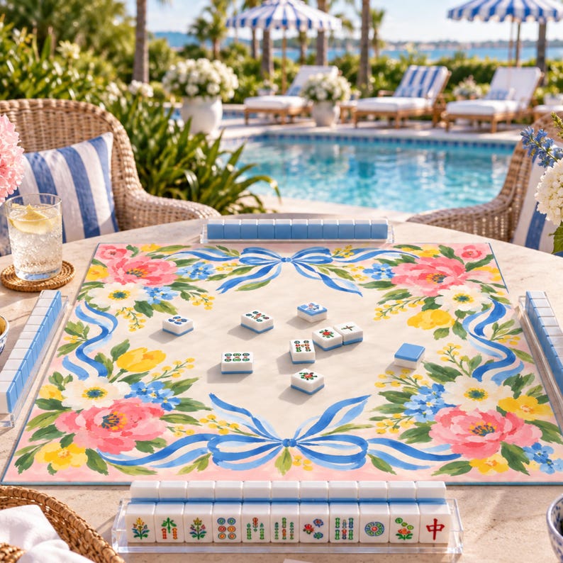 Blue Ribbon Bow Mahjong Mat, Peach Peony Floral Grandmillennial Playmat, American Mahjong Game Night Gift