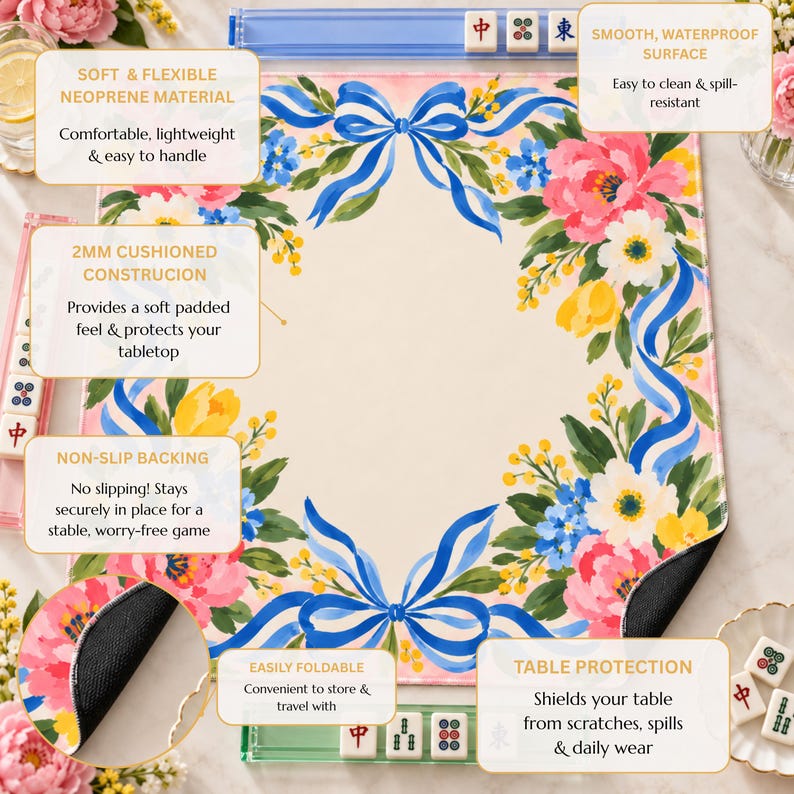Blue Ribbon Bow Mahjong Mat, Peach Peony Floral Grandmillennial Playmat, American Mahjong Game Night Gift