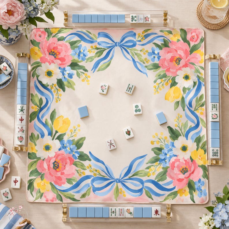 Blue Ribbon Bow Mahjong Mat, Peach Peony Floral Grandmillennial Playmat, American Mahjong Game Night Gift