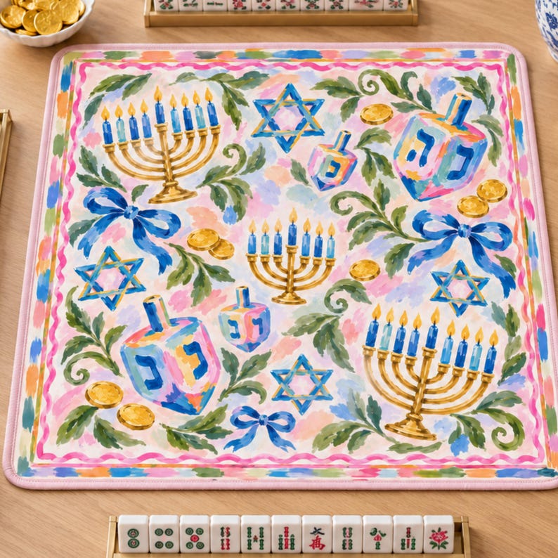 The Noa Hanukkah Mahjong Mat, American Mahjong Table Play Mat, Menorah Dreidel Jewish Holiday Game Night Gift