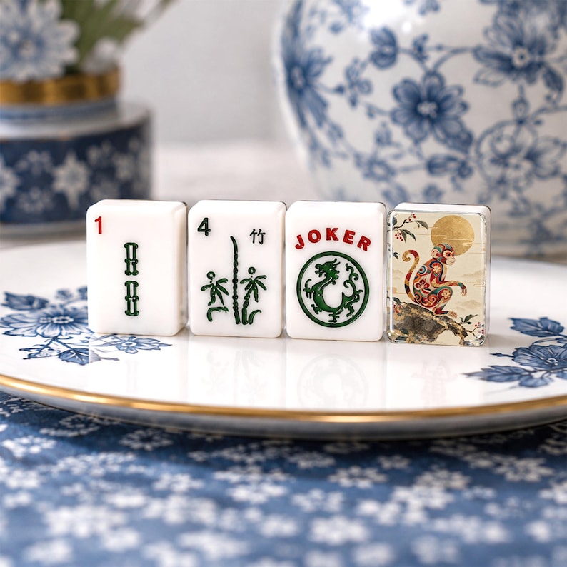 Monkey Mahjong Tiles Set, 166 Piece Acrylic American Mahjong Tiles, Chinoiserie Gold Moon Chinese Zodiac Game Night Gift