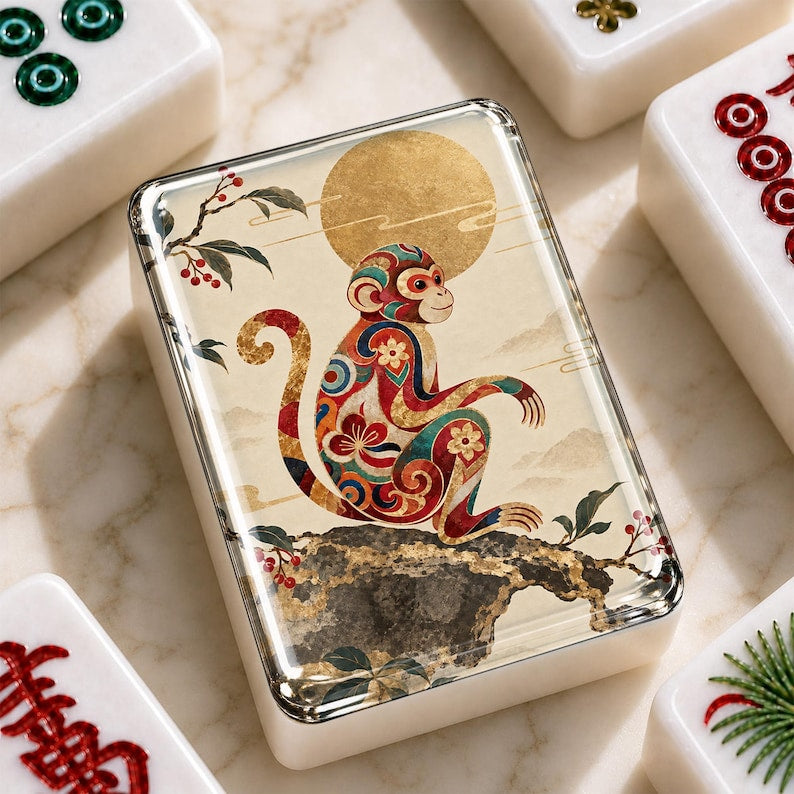Monkey Mahjong Tiles Set, 166 Piece Acrylic American Mahjong Tiles, Chinoiserie Gold Moon Chinese Zodiac Game Night Gift