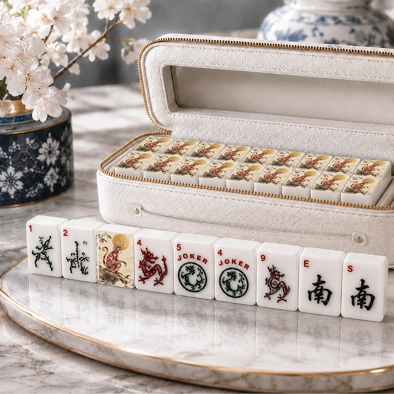 Monkey Mahjong Tiles Set, 166 Piece Acrylic American Mahjong Tiles, Chinoiserie Gold Moon Chinese Zodiac Game Night Gift
