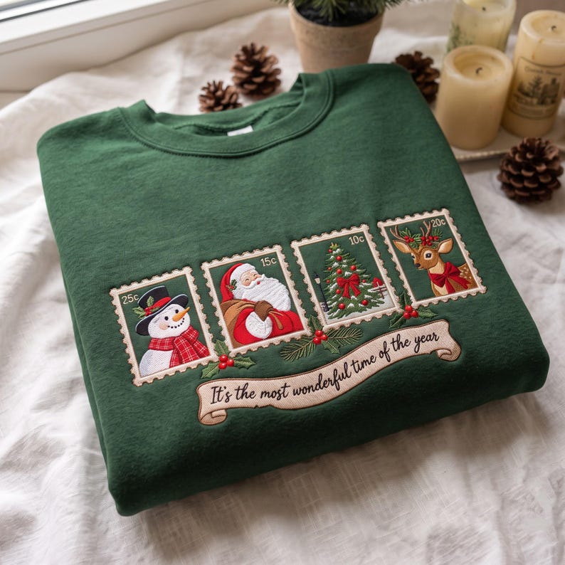 Embroidered Christmas Sweatshirt, Most Wonderful Time Santa Embroidery Crewneck, Vintage Christmas Sweater