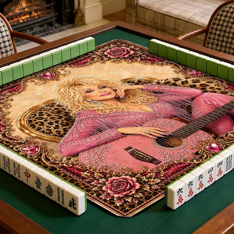 D.P Mahjong Mat, Queen Of Country Mahjong, Sparkling Pink Guitar Decor, Unique Table Playmat Gift, Iconic Music