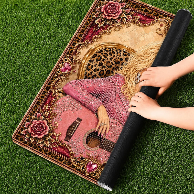 D.P Mahjong Mat, Queen Of Country Mahjong, Sparkling Pink Guitar Decor, Unique Table Playmat Gift, Iconic Music