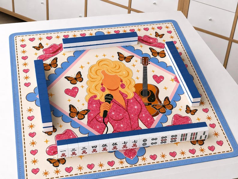 Country Music Mahjong Mat, D.P Glam Decor, Western Home Game Mat, Pink Butterfly Hearts Game Table Art