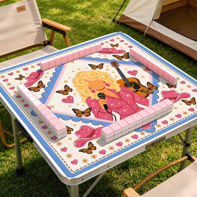 Country Music Mahjong Mat, D.P Glam Decor, Western Home Game Mat, Pink Butterfly Hearts Game Table Art