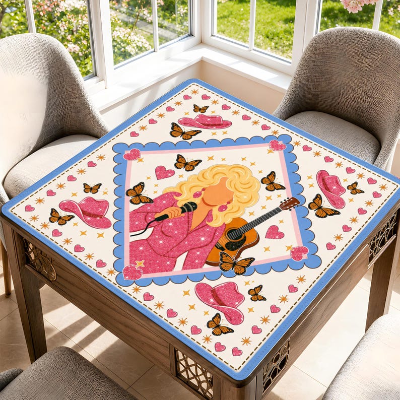 Country Music Mahjong Mat, D.P Glam Decor, Western Home Game Mat, Pink Butterfly Hearts Game Table Art