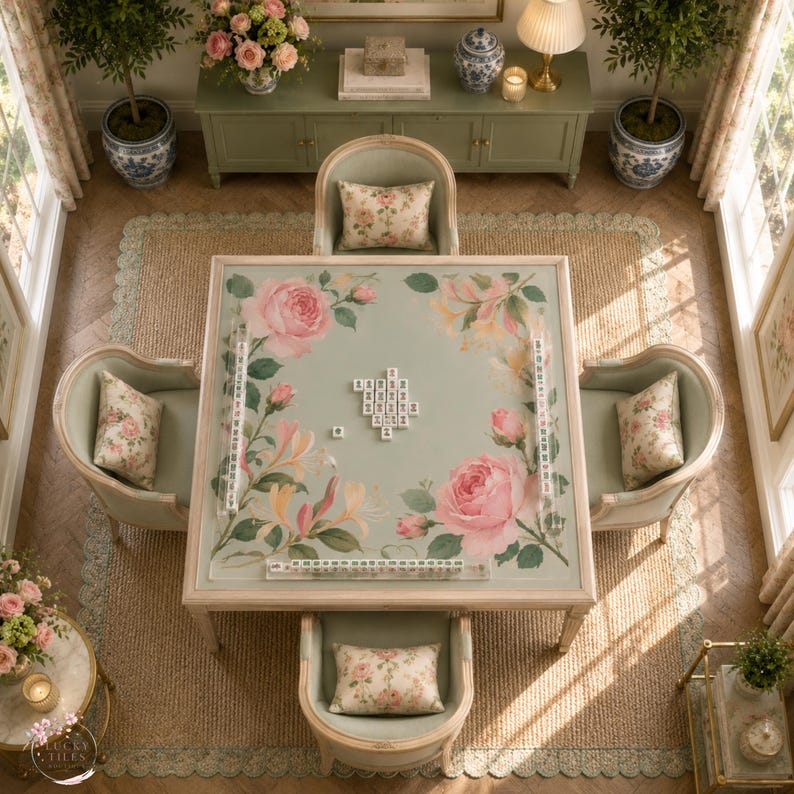 Rose Honeysuckle Mahjong Mat, American Mahjong Mat, June Birth Flower Garden, Pink Floral Mahjong Gift