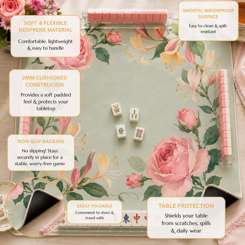 Rose Honeysuckle Mahjong Mat, American Mahjong Mat, June Birth Flower Garden, Pink Floral Mahjong Gift