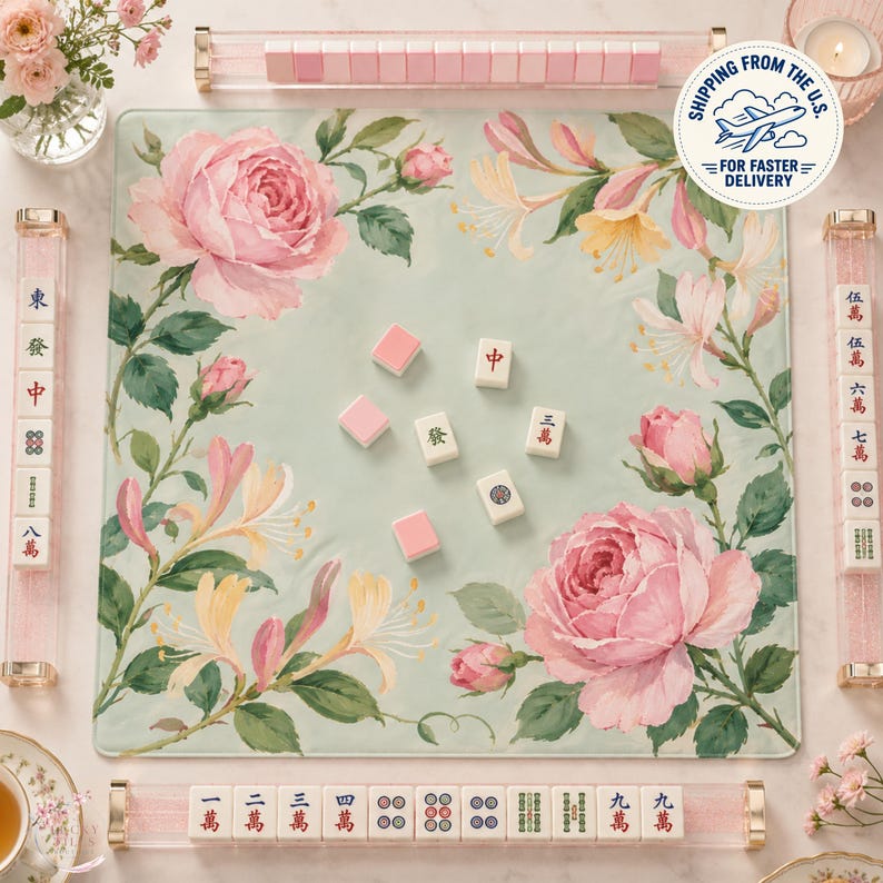 Rose Honeysuckle Mahjong Mat, American Mahjong Mat, June Birth Flower Garden, Pink Floral Mahjong Gift