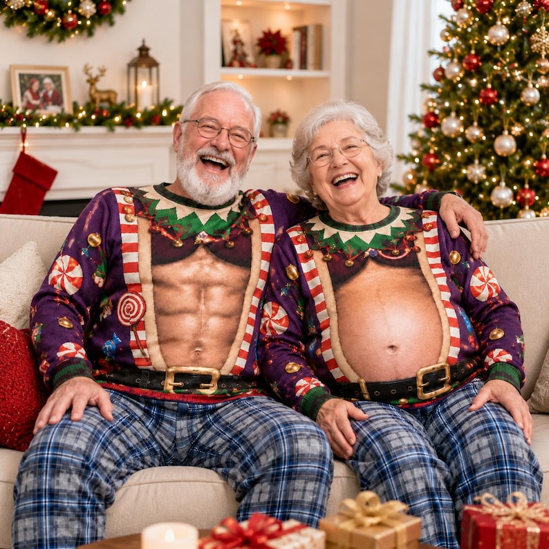 Personalized Ugly Christmas Sweater, Custom Funny Abs Dad Bod Knitted Sweatshirt
