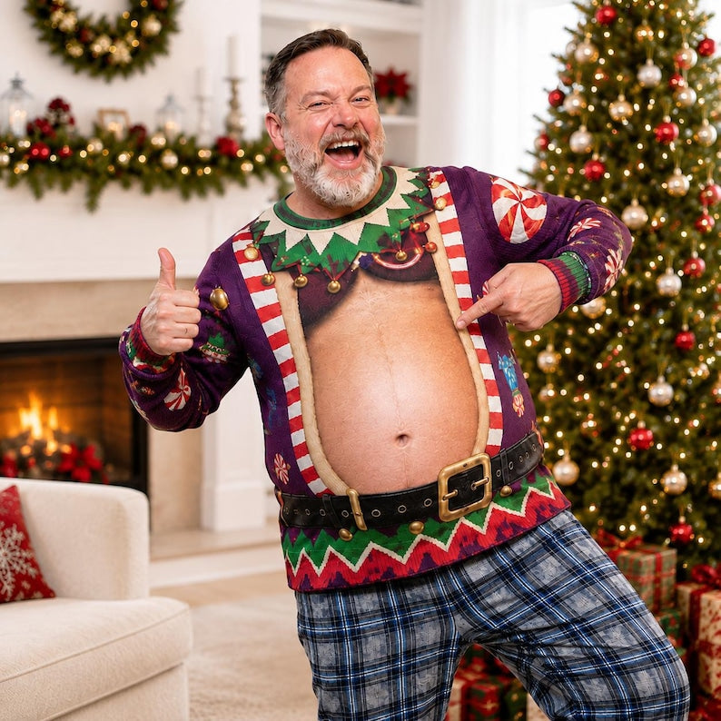 Personalized Ugly Christmas Sweater, Custom Funny Abs Dad Bod Knitted Sweatshirt