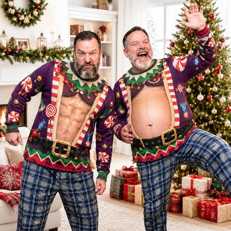 Personalized Ugly Christmas Sweater, Custom Funny Abs Dad Bod Knitted Sweatshirt
