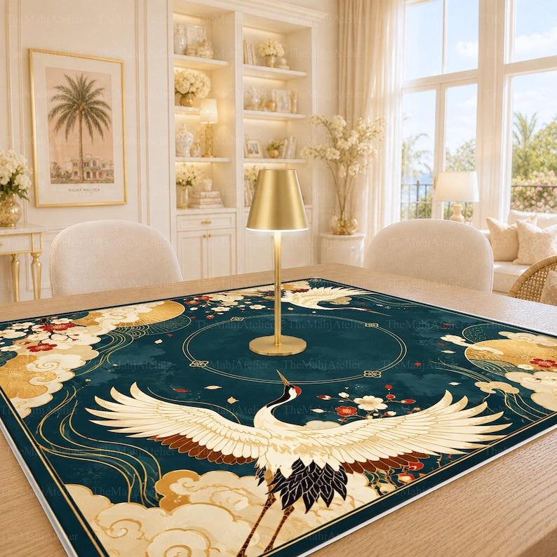Teal Gold Crane Chinoiserie Mahjong Mat, Japanese Inspired American Mah Jongg Game Mat, Non-slip Table Cover