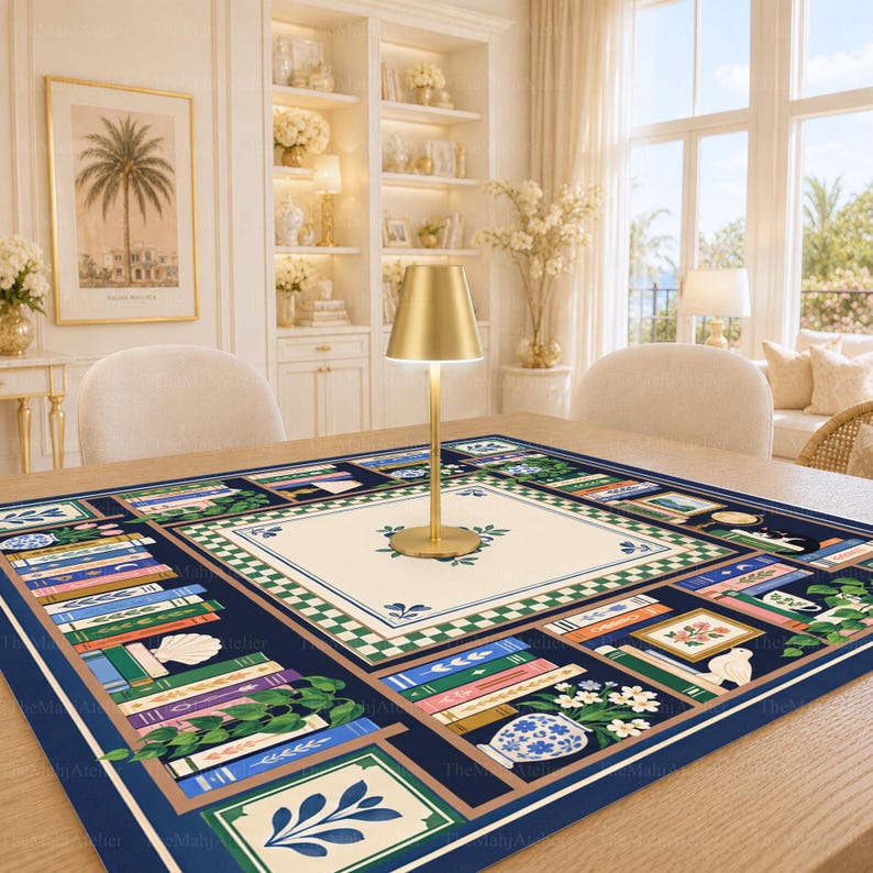 Preppy Book Club Library Mahjong Mat, Blue White American Mah Jongg Game Mat