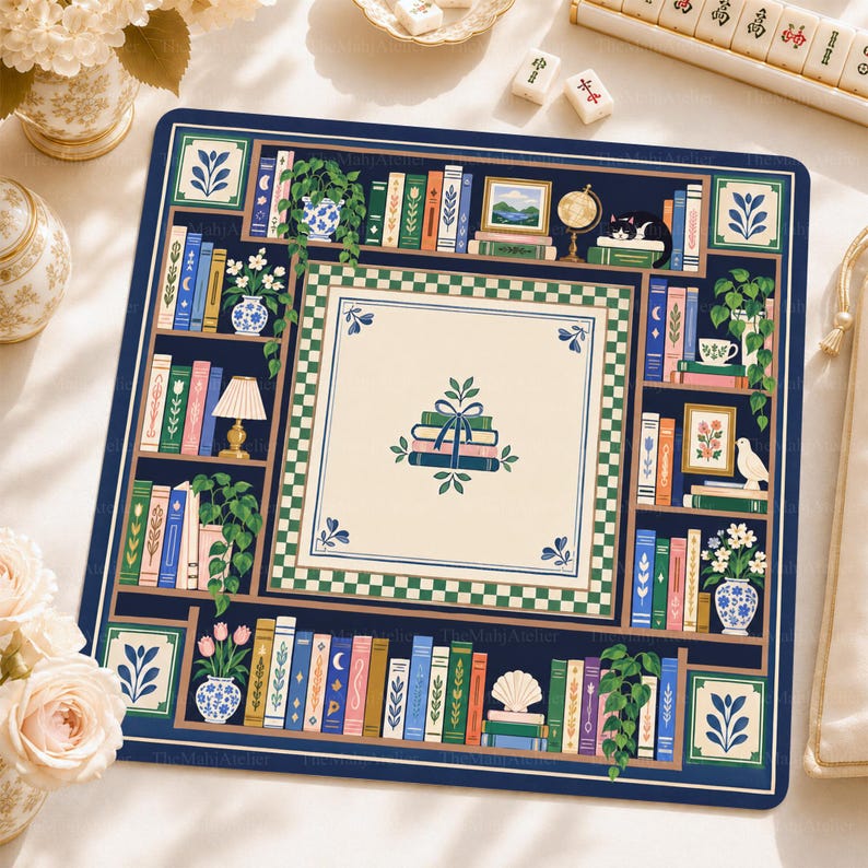 Preppy Book Club Library Mahjong Mat, Blue White American Mah Jongg Game Mat
