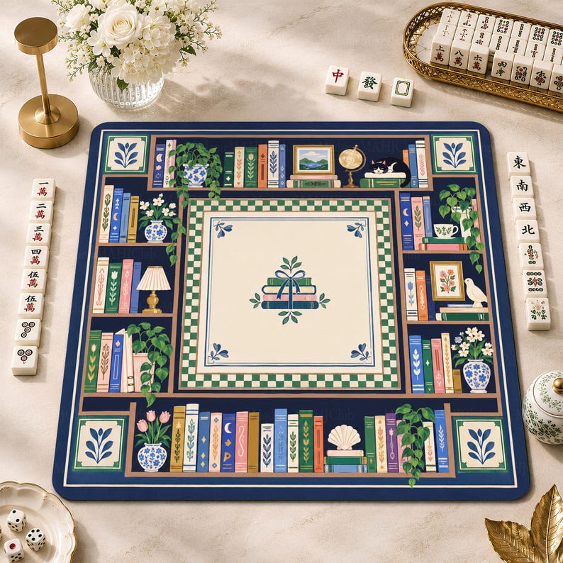Preppy Book Club Library Mahjong Mat, Blue White American Mah Jongg Game Mat