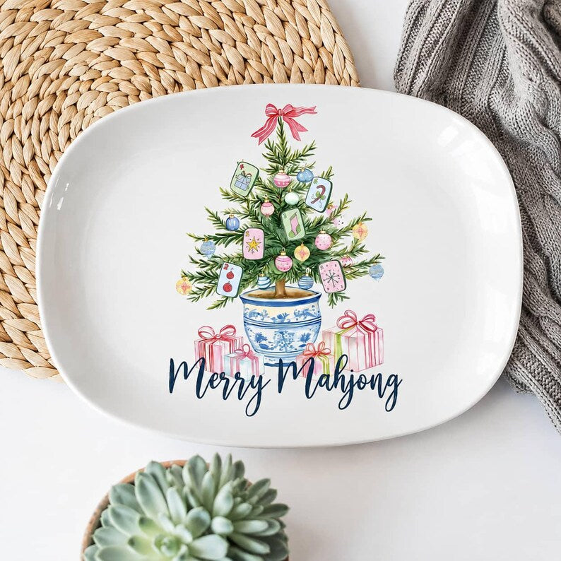 Merry Mahjong Christmas Platter Preppy Holiday Oval Tray Mahjong Lover Gift