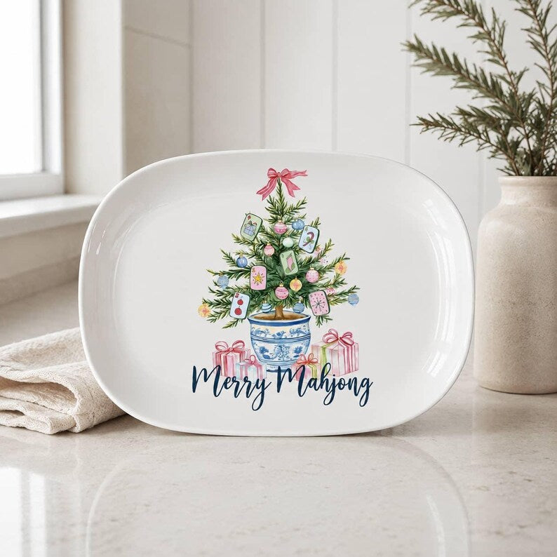 Merry Mahjong Christmas Platter Preppy Holiday Oval Tray Mahjong Lover Gift