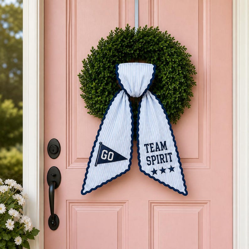 Personalized Team Football Wreath Sash, College Football Tailgate Ribbon, Embroidered Game Day Door Bow