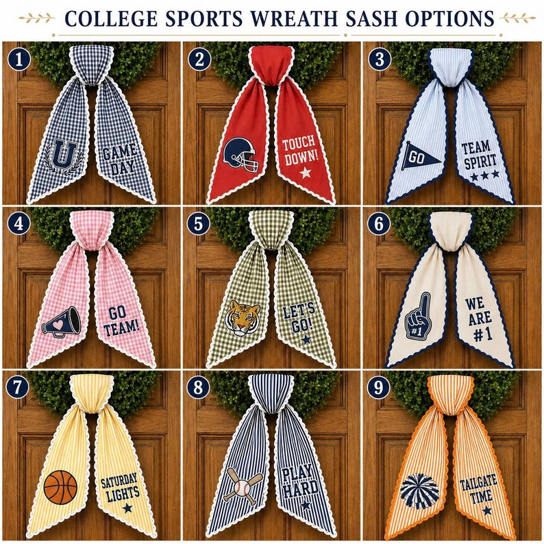 Personalized Team Football Wreath Sash, College Football Tailgate Ribbon, Embroidered Game Day Door Bow