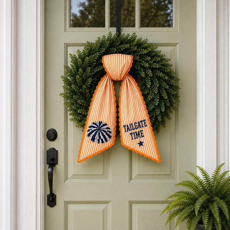 Personalized Team Football Wreath Sash, College Football Tailgate Ribbon, Embroidered Game Day Door Bow