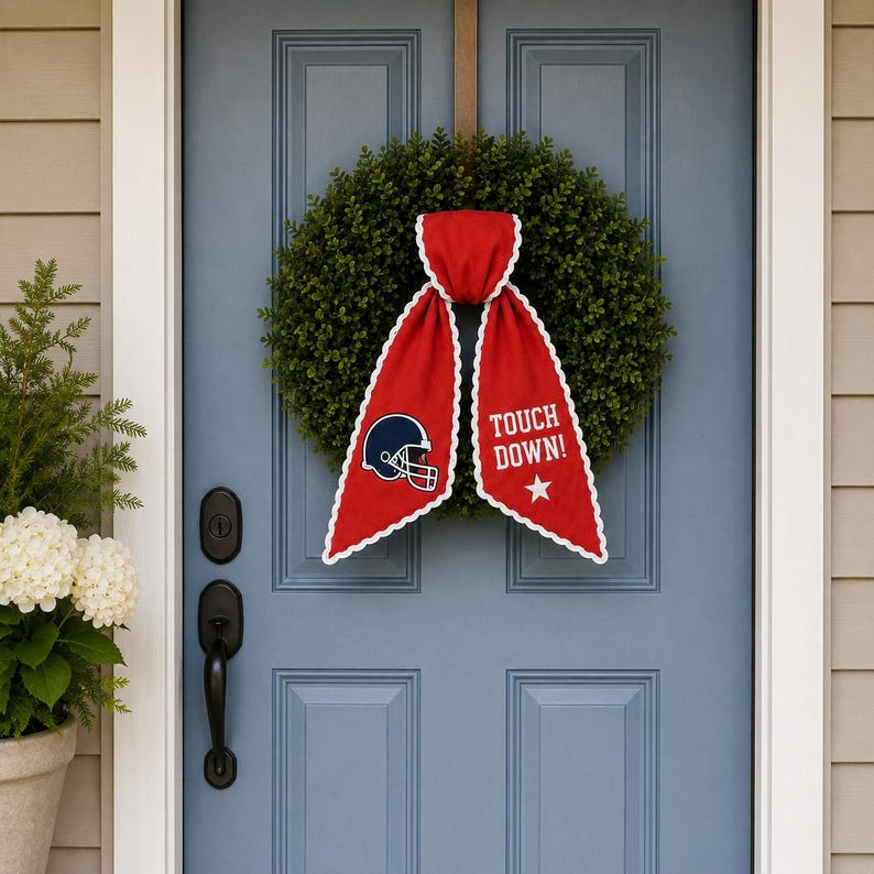 Personalized Team Football Wreath Sash, College Football Tailgate Ribbon, Embroidered Game Day Door Bow