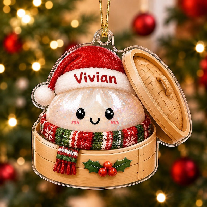 Personalized Squishy Dumpling Christmas Ornament 2D Flat Acrylic, Cute Food Christmas Decor, Christmas Holiday Gift