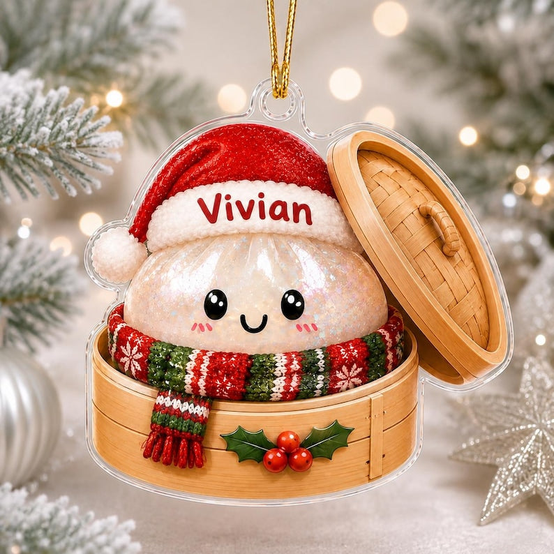 Personalized Squishy Dumpling Christmas Ornament 2D Flat Acrylic, Cute Food Christmas Decor, Christmas Holiday Gift