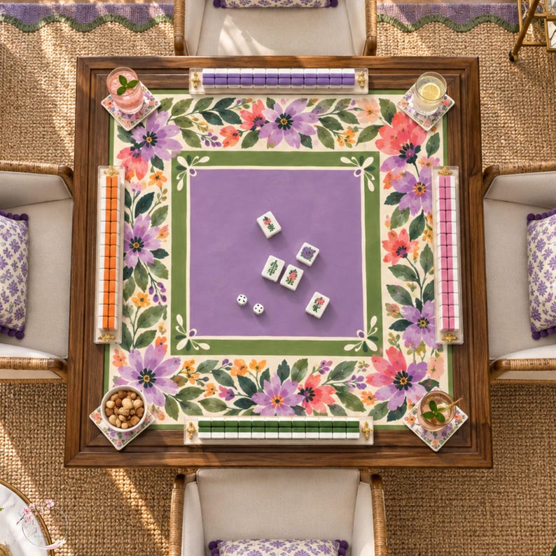 Purple Wildflower Mahjong Mat, Non Slip American Mahjong Table Cover, Lavender Folk Garden Olive Green Game Night Gift