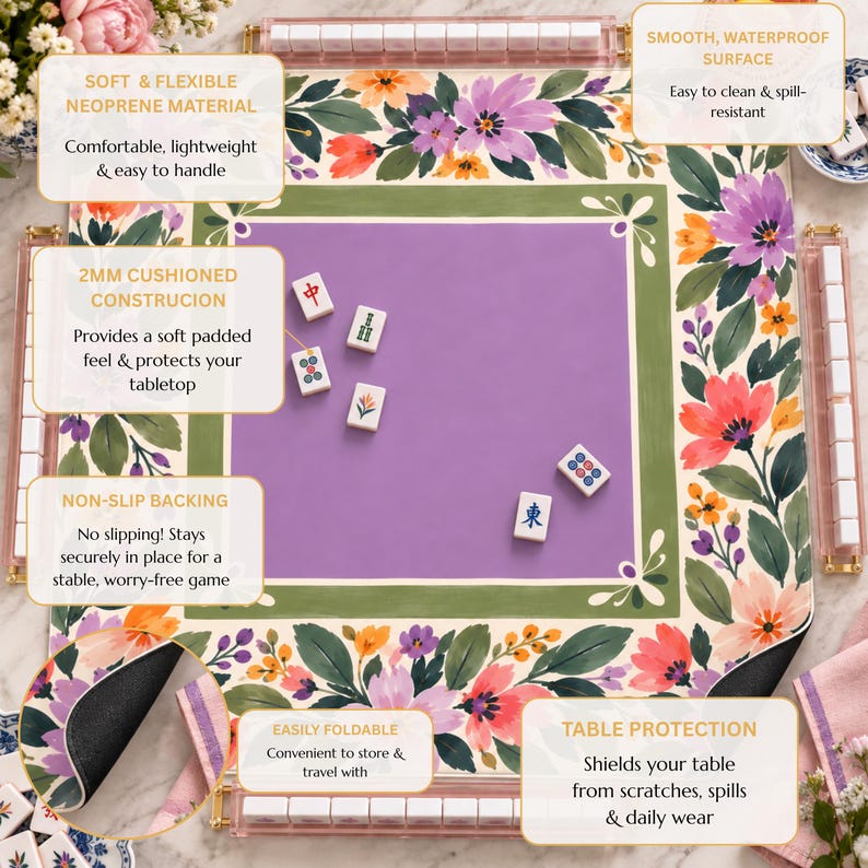 Purple Wildflower Mahjong Mat, Non Slip American Mahjong Table Cover, Lavender Folk Garden Olive Green Game Night Gift