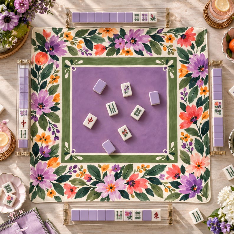 Purple Wildflower Mahjong Mat, Non Slip American Mahjong Table Cover, Lavender Folk Garden Olive Green Game Night Gift
