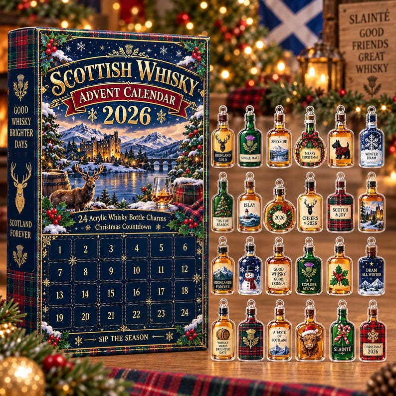 Scottish Whisky Advent Calendar 2026, 24 Whisky Bottle Christmas Countdown, Scotland Lover Holiday Gift