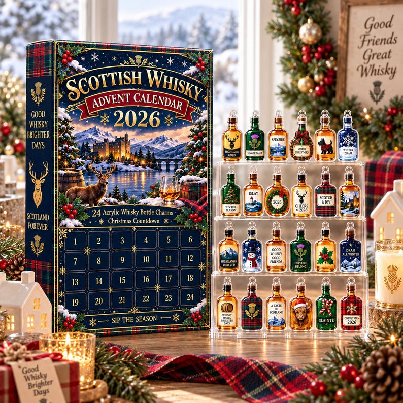 Scottish Whisky Advent Calendar 2026, 24 Whisky Bottle Christmas Countdown, Scotland Lover Holiday Gift