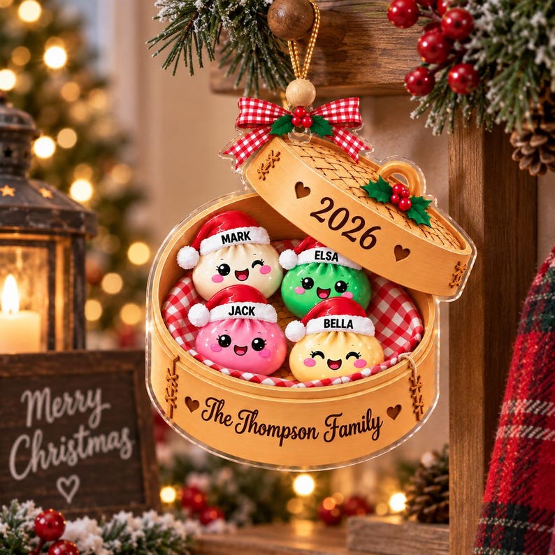 Personalized Family Glitter Dumpling Ornament 2026, Custom Family Acrylic Ornament, Cute Kawaii Food Ornament