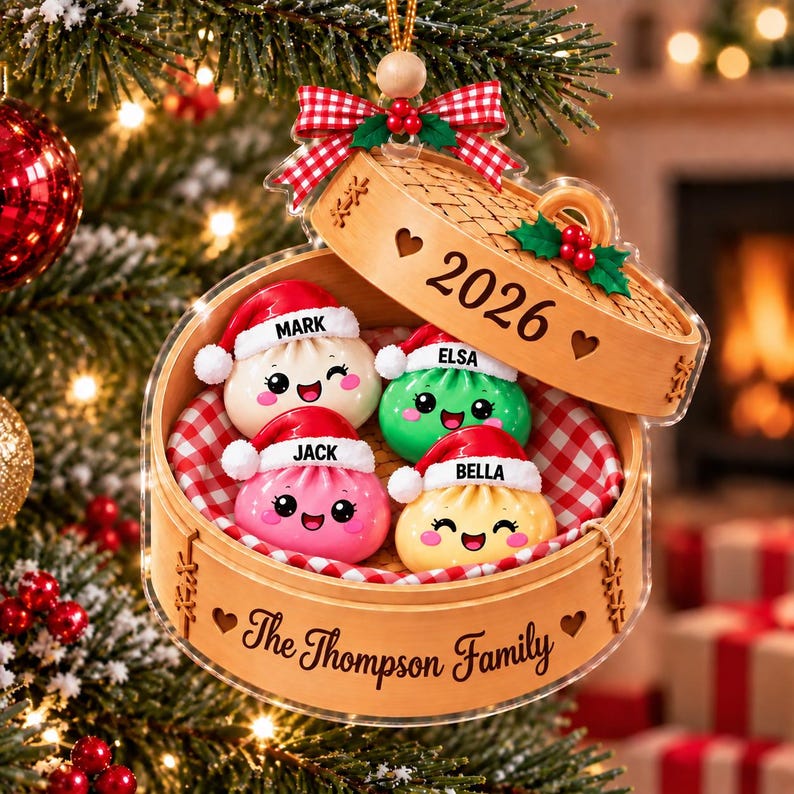 Personalized Family Glitter Dumpling Ornament 2026, Custom Family Acrylic Ornament, Cute Kawaii Food Ornament
