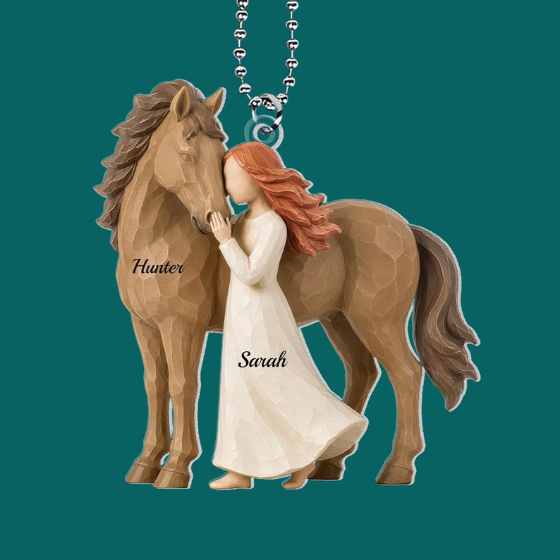 Girl Standing With Horse, Personalized Girl Horse Acrylic Ornament Car Hanger, Custom Name Horse Lover Gift, Riding Gift for Girls