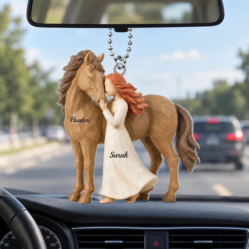 Girl Standing With Horse, Personalized Girl Horse Acrylic Ornament Car Hanger, Custom Name Horse Lover Gift, Riding Gift for Girls