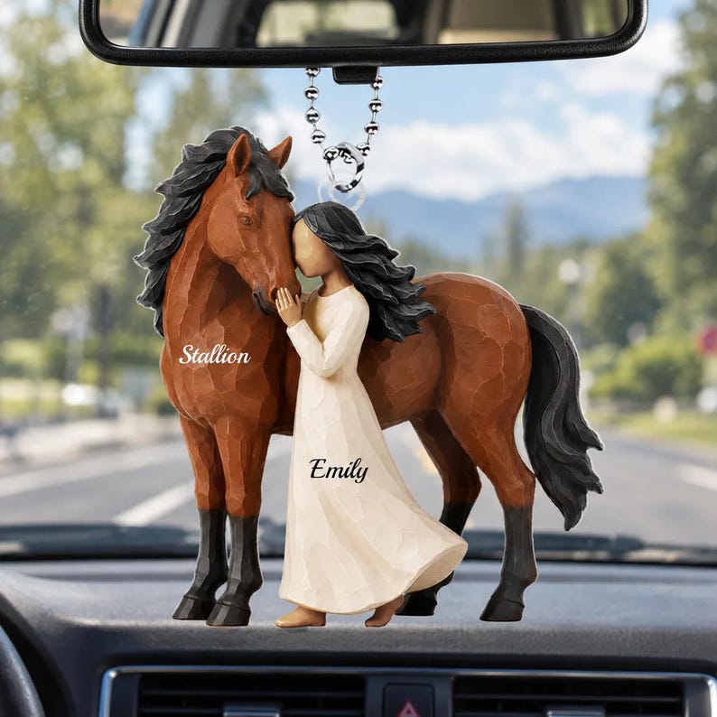 Girl Standing With Horse, Personalized Girl Horse Acrylic Ornament Car Hanger, Custom Name Horse Lover Gift, Riding Gift for Girls