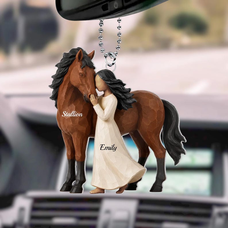 Girl Standing With Horse, Personalized Girl Horse Acrylic Ornament Car Hanger, Custom Name Horse Lover Gift, Riding Gift for Girls