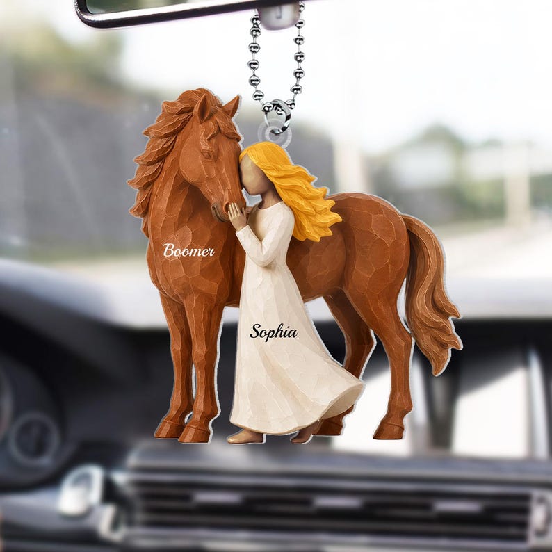 Girl Standing With Horse, Personalized Girl Horse Acrylic Ornament Car Hanger, Custom Name Horse Lover Gift, Riding Gift for Girls