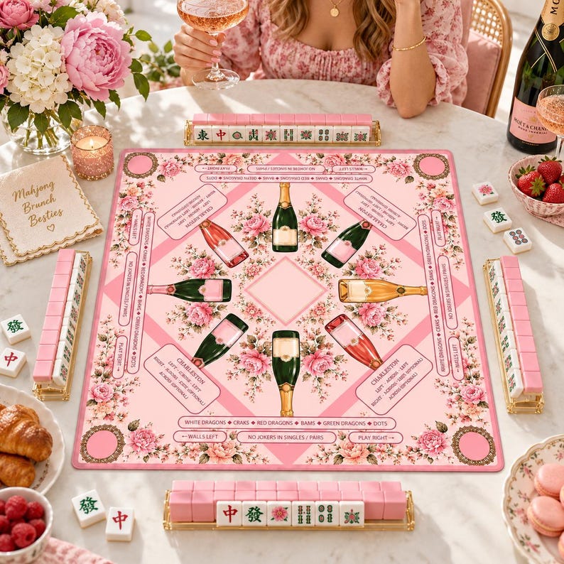 Bams & Bubbly Mahjong Mat, Preppy Pink Champagne & Floral Table Cover, Non-Slip Table Play Mat