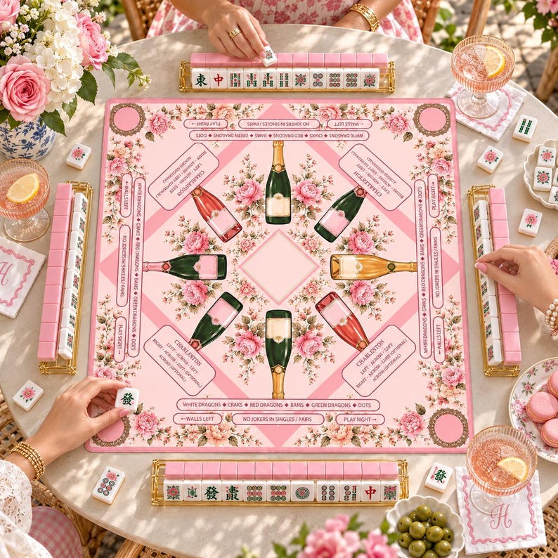 Bams & Bubbly Mahjong Mat, Preppy Pink Champagne & Floral Table Cover, Non-Slip Table Play Mat