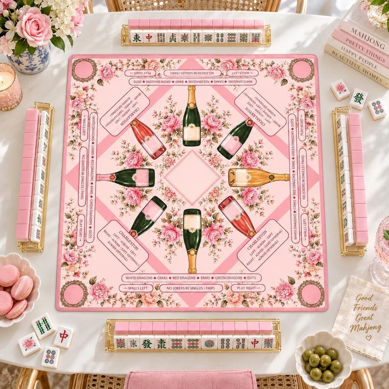 Bams & Bubbly Mahjong Mat, Preppy Pink Champagne & Floral Table Cover, Non-Slip Table Play Mat