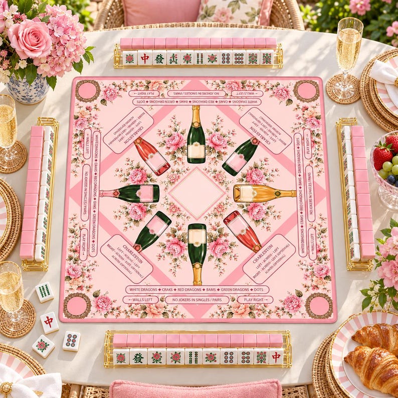 Bams & Bubbly Mahjong Mat, Preppy Pink Champagne & Floral Table Cover, Non-Slip Table Play Mat