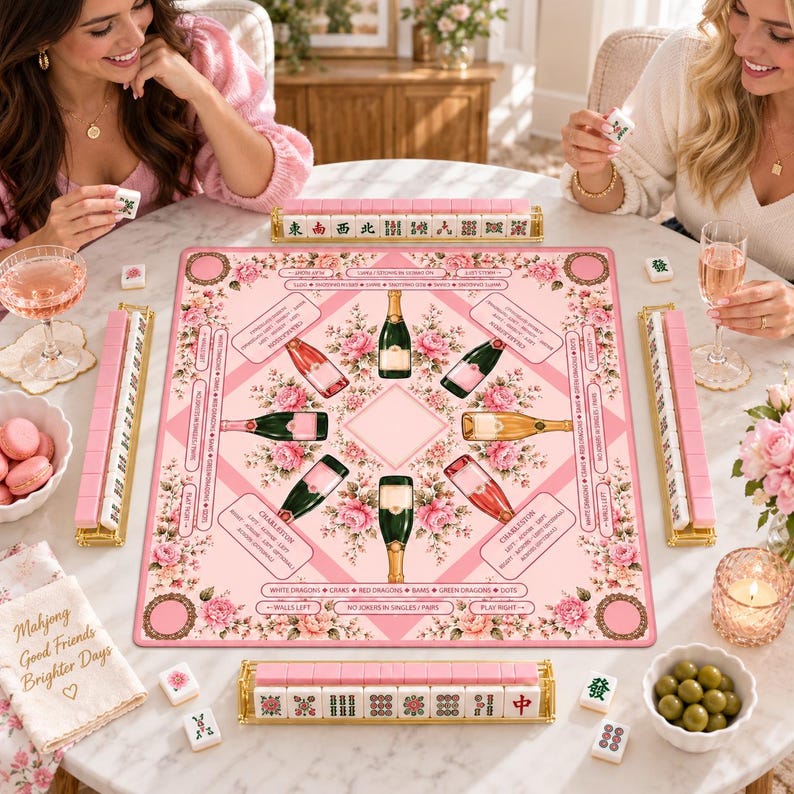 Bams & Bubbly Mahjong Mat, Preppy Pink Champagne & Floral Table Cover, Non-Slip Table Play Mat
