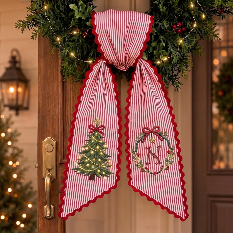 Custom Embroidery Christmas Tree Name Wreath Sash, Personalize Monogram Stripe Ribbon Bow Christmas Decor